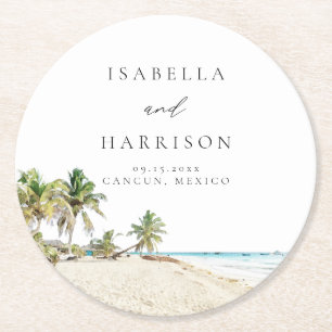 CANCUN Watercolor Beach Palm Tree Zielort Runder Pappuntersetzer