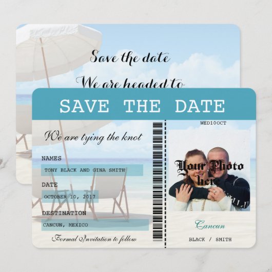 Cancun Wedding Boarding Pass Save the Date (Vorne/Hinten)