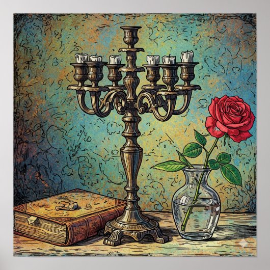 Candelabra und Rose Stillleben Poster (Vorne)