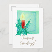 Candle and holly Christmas Card Feiertagspostkarte (Vorne/Hinten)