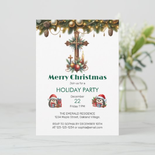 Candle and Ornament Cross Weihnachten Einladung (Stehend Vorderseite)