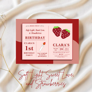 Candle and Strawberries 1. Geburtstag Rosa & Rot Einladung