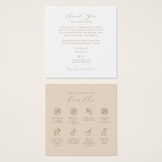 Candle Care Card Dankeschön Karte Instruktionskart (Vorne & Hinten)