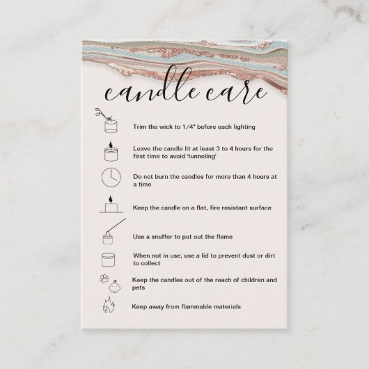 Candle Care Instructions Card Add Your Logo Agate Visitenkarte (Vorderseite)