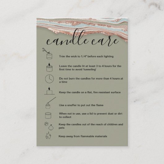 Candle Care Instructions Card Add Your Logo Agate Visitenkarte (Vorderseite)