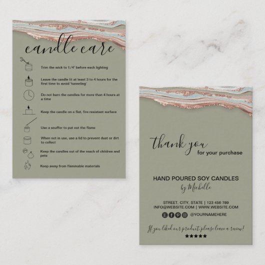 Candle Care Instructions Card Add Your Logo Agate Visitenkarte (Vorne/Hinten)
