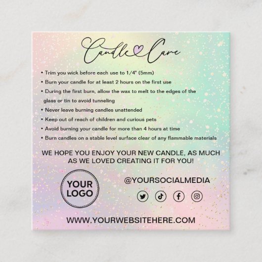 Candle Care Instruktionen Kunde Danke Pastel Quadratische Visitenkarte (Vorderseite)