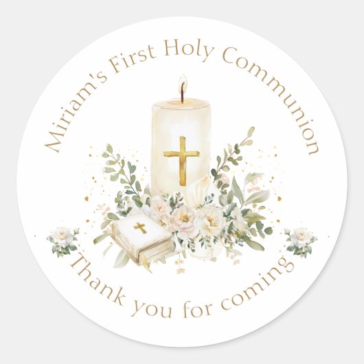 Candle Cross Bible Roses First Holy Communion Runder Aufkleber (Vorderseite)