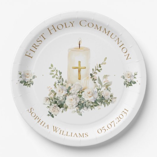 Candle Cross Flowers First Holy Communion  Pappteller (Vorderseite)