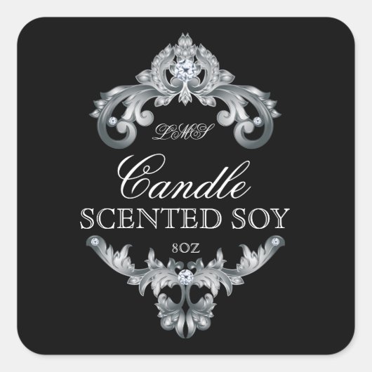 Candle Elegant Silver Black Product Label Quadratischer Aufkleber (Vorderseite)