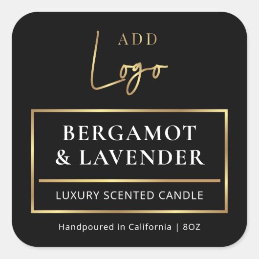 Candle Jar Product Label Elegantes Black & Gold Lo Quadratischer Aufkleber (Vorderseite)