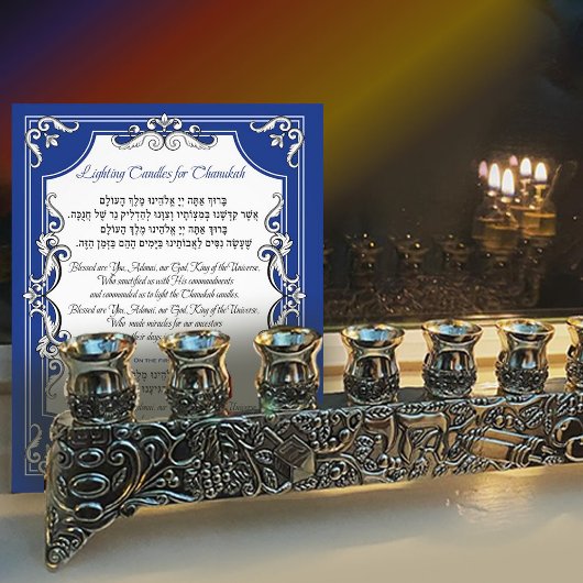 Candle Light Blessing Hanukkah Hebrew English Blue Fotodruck
