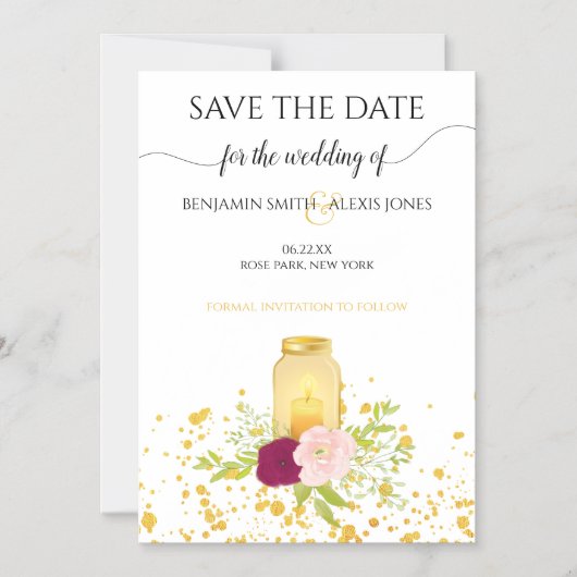 Candle Mason Jar Gold Sparkle Save the Date Magneteinladung (Vorderseite)