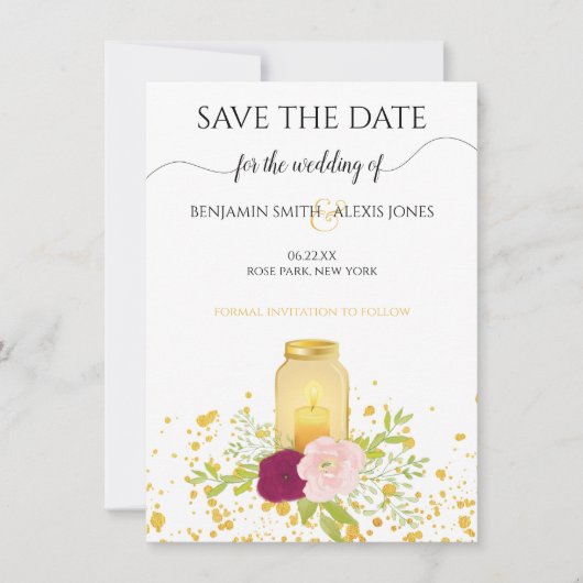 Candle Mason Jar Roses Save The Date (Vorderseite)