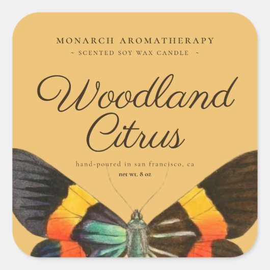Candle Orange Vintag Butterfly Produktverpackung Quadratischer Aufkleber (Vorderseite)