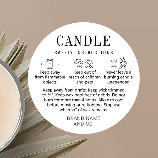 Candle Safety Label mit Icons Einfach Schwarz-weiß Runder Aufkleber