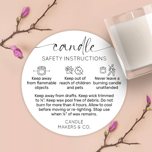 Candle Warning Label Modernes Skript Schwarz-weiß Runder Aufkleber