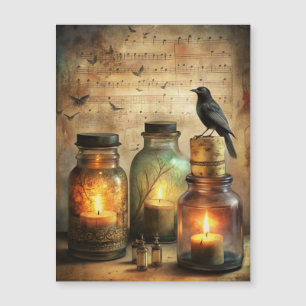 Candlelit Crow mit antiken Flaschen & Noten Magnetkarte