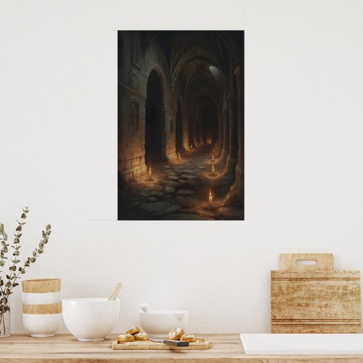 Candlelit Labyrinth Gothic Castle Corridor Art Pri Poster (Küche)