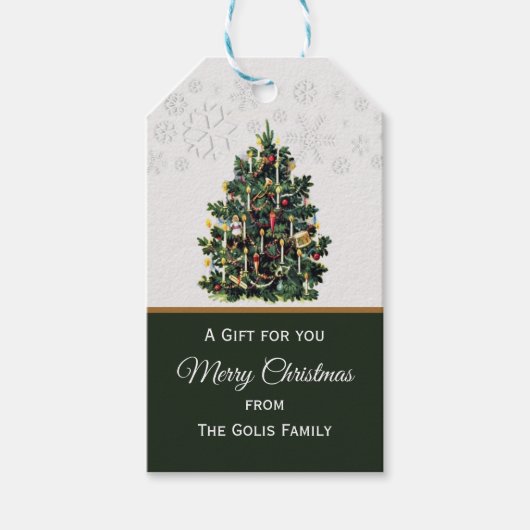 Candlelit Weihnachtsbaum mit Schneeflocken Geschenkanhänger (Vorderseite)