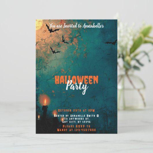 Candles Full Moon Bats Halloween-Party Einladung (Stehend Vorderseite)