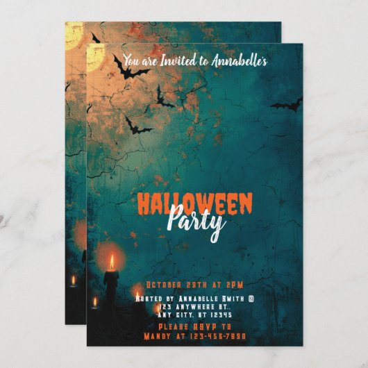 Candles Full Moon Bats Halloween-Party Einladung (Vorne/Hinten)