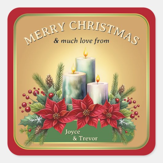 Candles Poinsettia Weihnachten Quadratischer Aufkleber (Vorderseite)