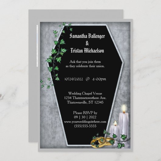 Candles und Ivy Coffin Shaped Modern Goth Wedding Einladung (Vorne/Hinten)