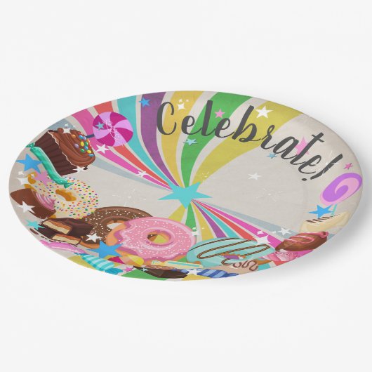 Candy and Rainbow Swirl Party Pappteller (Schrägansicht)