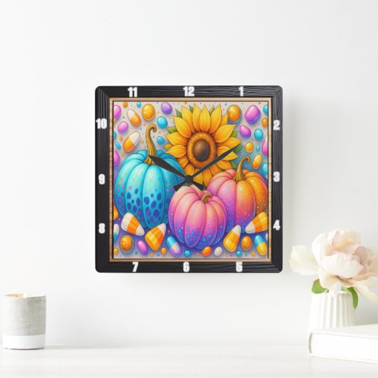 Candy Autumn Pumpkins Sonnenblume Quadratische Wanduhr (Zuhause)