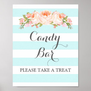 Candy Bar Wedding Sign Blue Blumen Streifen Poster