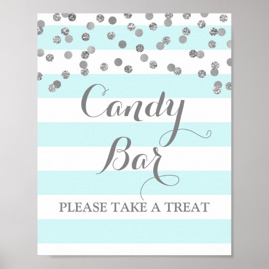 Candy Bar Wedding Sign Blue Stripes Silver Poster (Vorne)