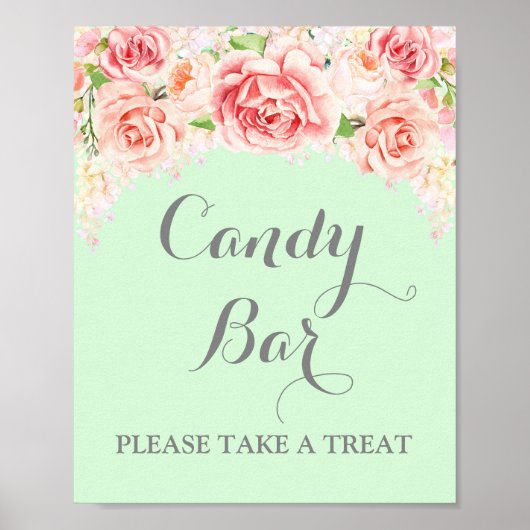 Candy Bar Wedding Sign Pink Aquarell Blumenminze Poster (Vorne)