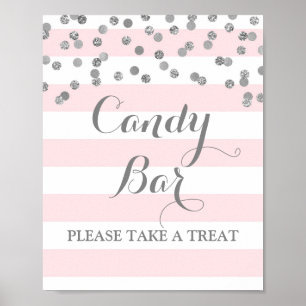 Candy Bar Wedding Sign Pink Stripes Silver Poster