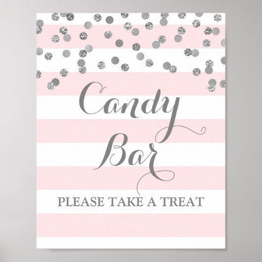 Candy Bar Wedding Sign Pink Stripes Silver Poster (Vorne)