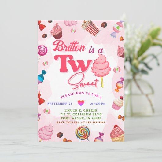 Candy Birthday Two Sweet Party Einladung (Stehend Vorderseite)