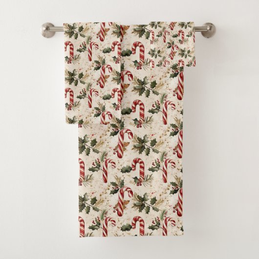 Candy Cane and Poinsettia Christmas Pattern Badhandtuch Set (Insitu)