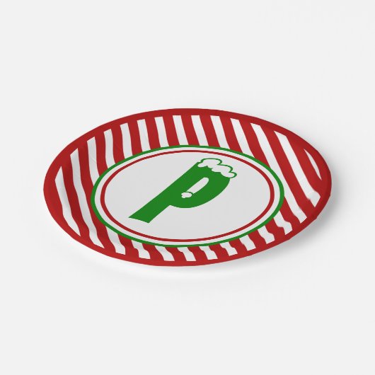 Candy Cane Basics Red/White Monogram Pappteller (Schrägansicht)