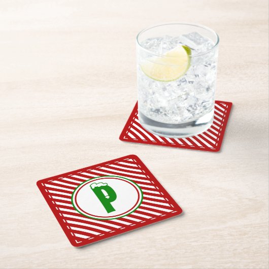 Candy Cane Basics Red/White Monogram Rechteckiger Pappuntersetzer (Vor Ort)