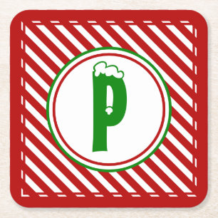 Candy Cane Basics Red/White Monogram Rechteckiger Pappuntersetzer