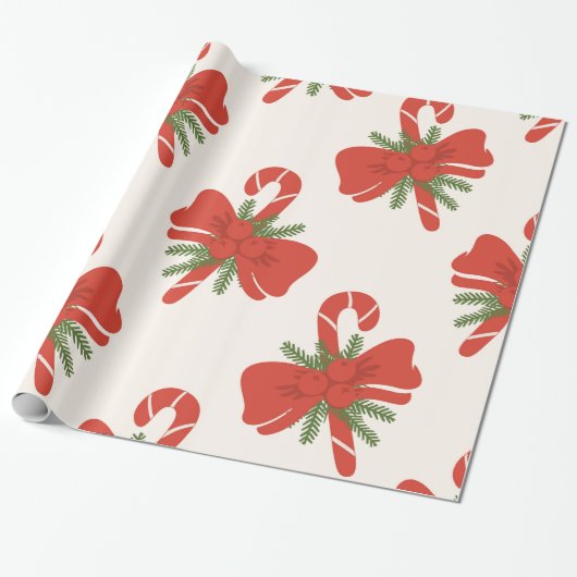 Candy Cane & Bow Cream Ivory Weihnachten Geschenkpapier (Ungerollt)