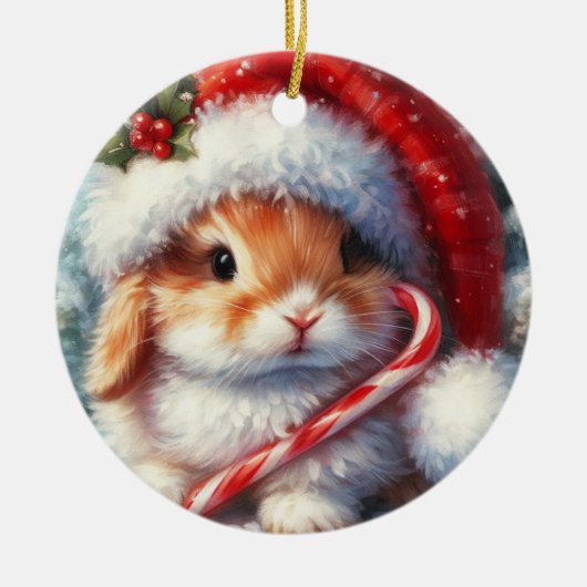 Candy Cane Bunny Rabbit Weihnachten Keramik Ornament (Vorne)