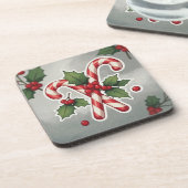 Candy Cane Duo With Holly And Berries Getränkeuntersetzer (Linke Seite)