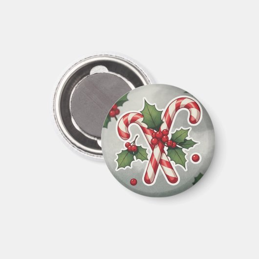 Candy Cane Duo With Holly And Berries Magnet (Vorderseite/Rückseite)