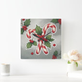 Candy Cane Duo With Holly And Berries Quadratische Wanduhr (Zuhause)