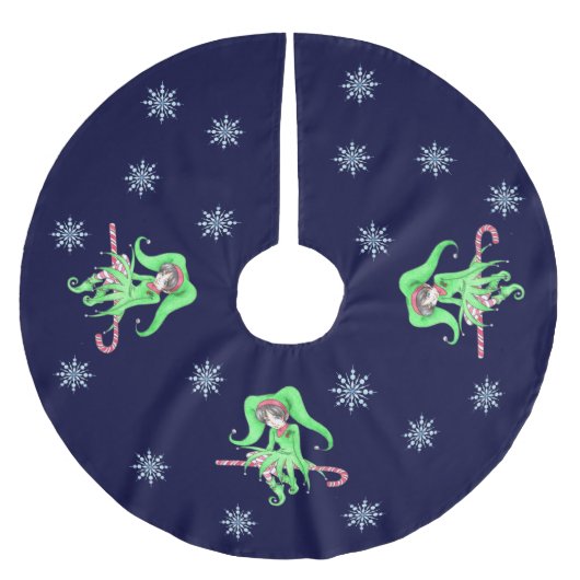 Candy Cane Elf Christmas Tree Skirt Polyester Weihnachtsbaumdecke (Vorderseite)