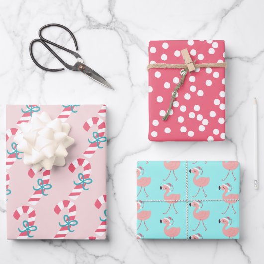 Candy Cane, Flamingos & dots Tropische Weihnachten Geschenkpapier Set (Vorderseite)