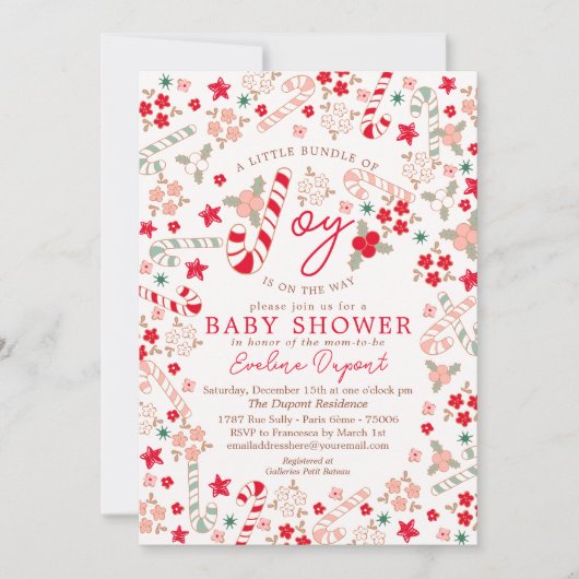 Candy Cane Floral Christmas Baby Dusche Einladung (Vorderseite)