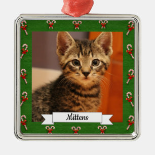 Candy Cane Green Frame Customizable Kitty Ornament Aus Metall