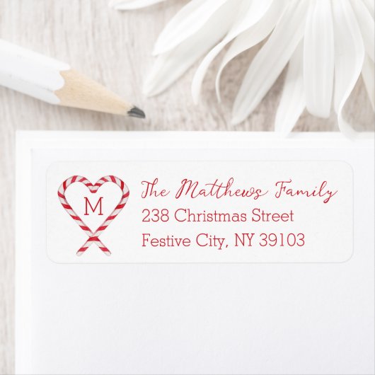 Candy Cane Heart Monogram Christmas Rücksendeadres (Insitu)